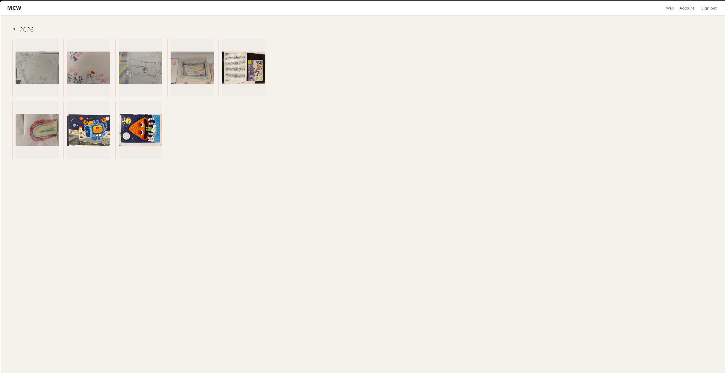 The MyColorWall Archive for Millie, with the 2026 year expanded to show archived creations.