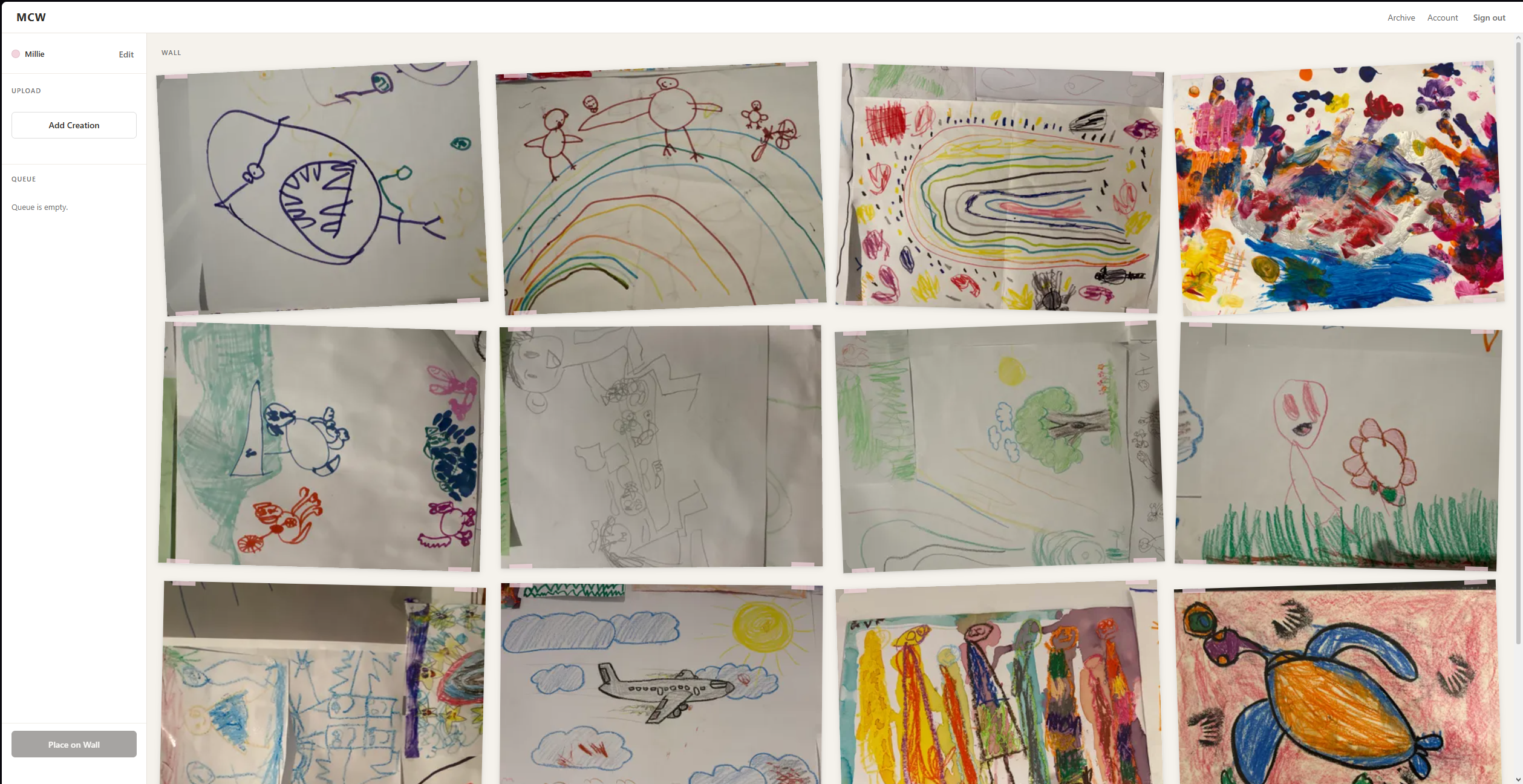The MyColorWall Wall for Millie, showing her colourful creations arranged together.